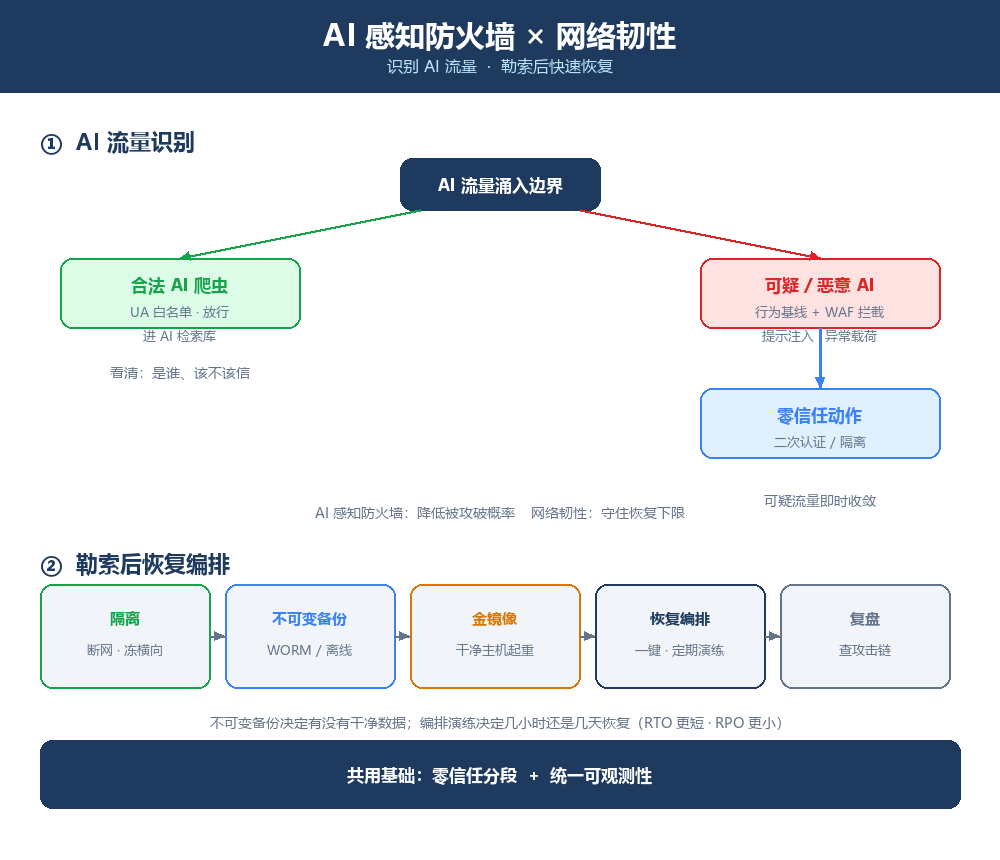 AI 感知防火墙与网络韧性：识别 AI 流量与勒索后恢复编排示意图
